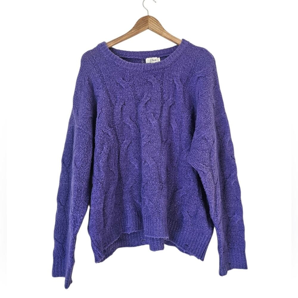 Elan Cable-Knit Pullover Sweater Purple Crew Neck Long Sleeve Women XL